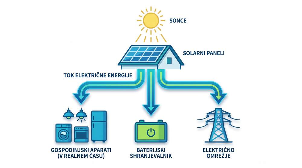 Diagram pretoka elektrike: sonce → paneli → poraba + baterija + omrežje