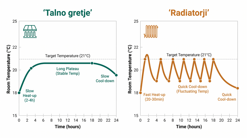 Vztrajnost: talno gretje doseže ciljno temp v 2-4 urah, nato ostane stabilno ure; radiatorji se hitro ogrejejo v 20-30 min, a se tudi hitro ohladijo.